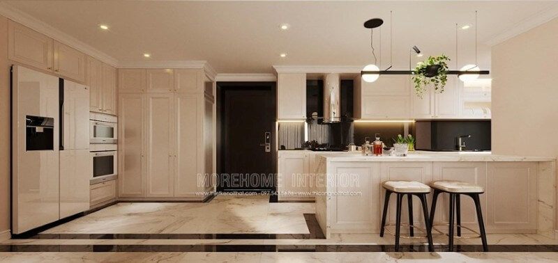 Sắc trắng của tủ bếp đối lập với màu đen huyền bí của kính ốp, tạo nên sự sang trọng nhưng vẫn tiện lợi và sạch sẽ.