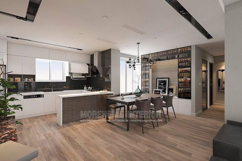 .
Gia chủ thích thiết kế phòng bếp chung cư hiện đại, bao gồm hệ tủ bếp acrylic thông minh và bộ bàn ăn gỗ cao cấp.